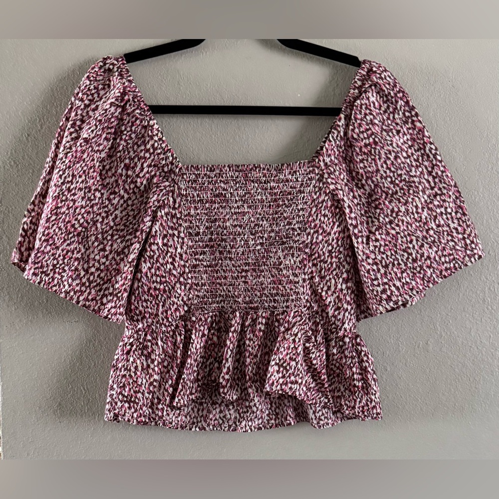 Universal Thread Peasant Blouse Puff Sleeves, Smocked Waist Button Pink Sz Small - Picture 2 of 7
